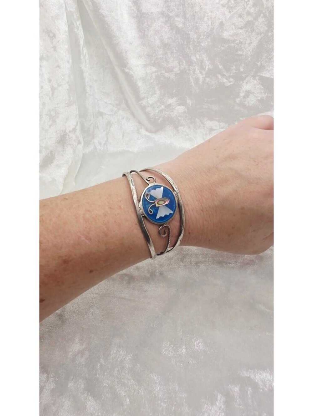 Vintage Alpaca Mexico Butterfly Cuff Bracelet 4.5” Abalone Mother of Pearl